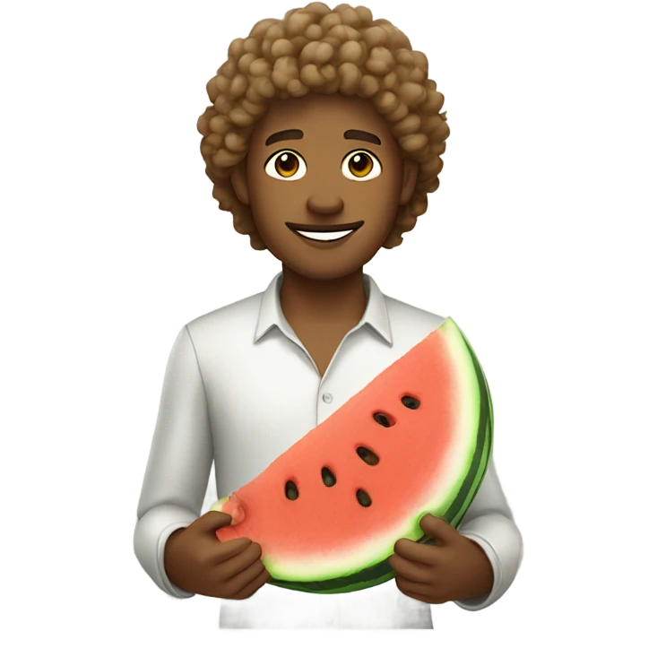 light brown male with curly hair holding watermelon emoji