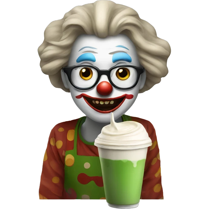 Scared clown drinking a matcha Latte with glasses on.  emoji