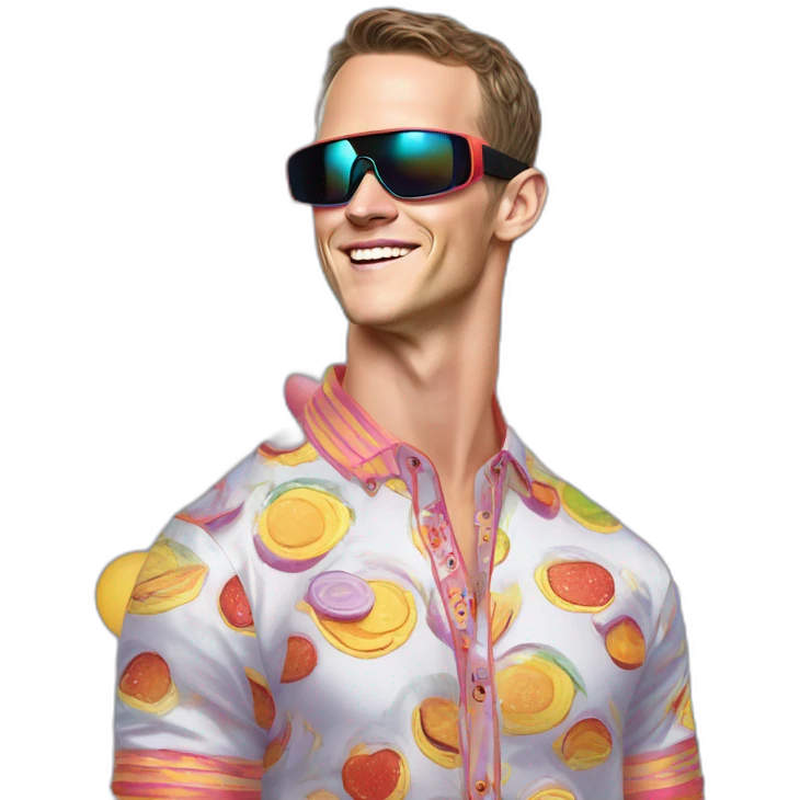Fancy disco Jonathan Toews wearing rainbow lace shirt and wearing VR glasses and eating a moon pie emoji