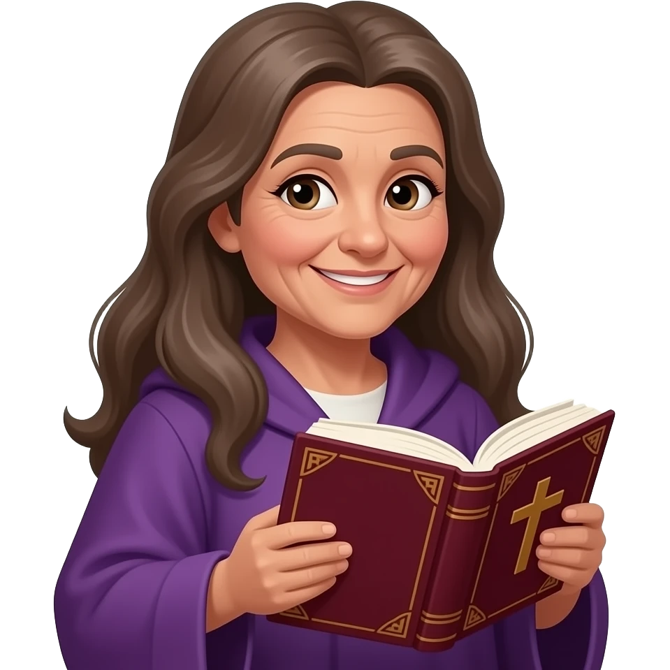 wise old woman slight smile with long brown grey hair purple robe tan skin warm holding open burgundy book that has a cross on it emoji