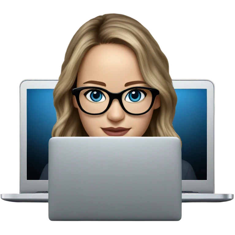 Hyper Realistic Photo of Brunette Jennifer Lawrence wearing black glasses and blue eyes  on a laptop  emoji
