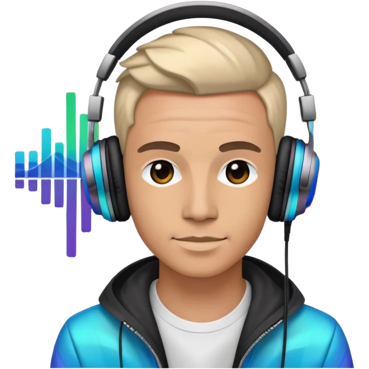 Electronic music DJ with headphones and colorful waveforms emoji