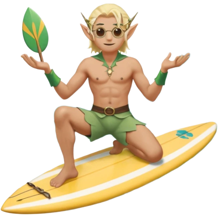 elf male legolas sitting on surfboard (ashore), hands manipulating two orbs of swirling seawater giving a "massage" to his own shoulders, wearing relaxed linen shorts over swimwear, tinted elven sunglasses, pointy ears, content expression, centered emoji emoji