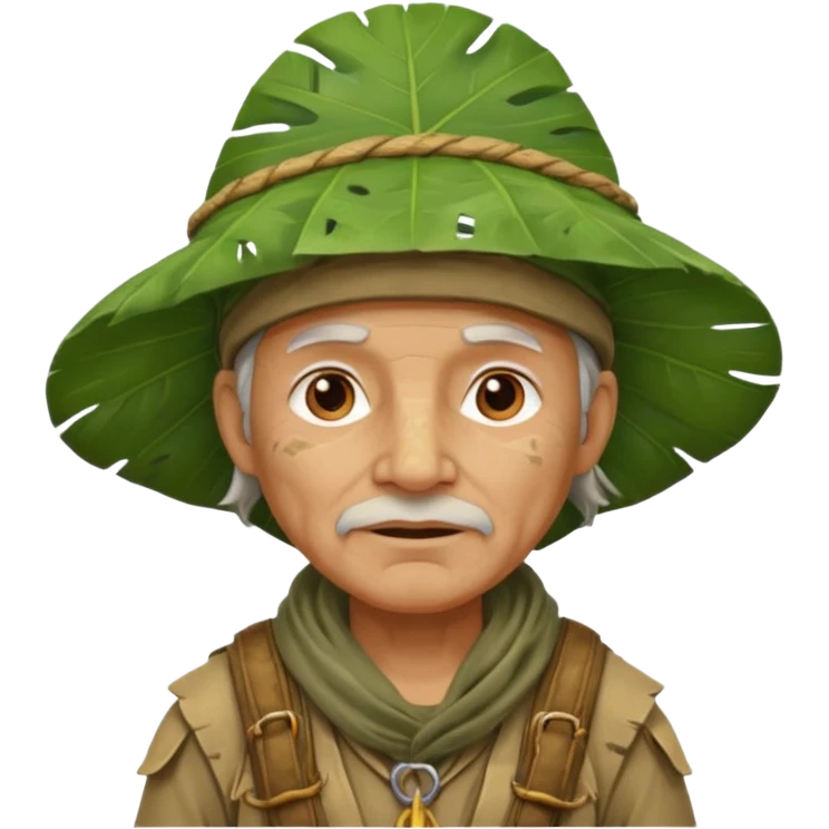 a old explorer with jungle wearing a large leaf headgear bye  emoji