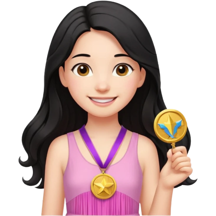 black haired girl wearing pastel pink with medals remove any hats, make her smile, make her hair longer emoji