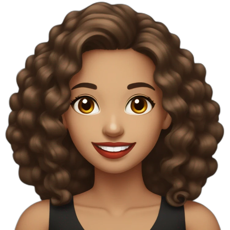 young moroccan woman with dark brown eyes, brown long curling hair with lighter tips, red lips, big smile, black dress emoji