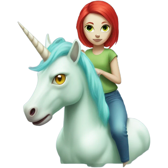 [politically incorrect
	{ woman: alien, color: light green, hair:red, eyes:cat} ]
	on a 
	[{ unicorn: white, legged:four, mane: light blue }] emoji