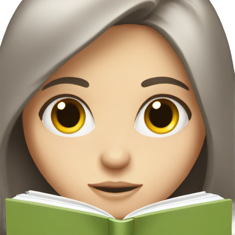White girl with long brown hair and grey eyes reading a book emoji