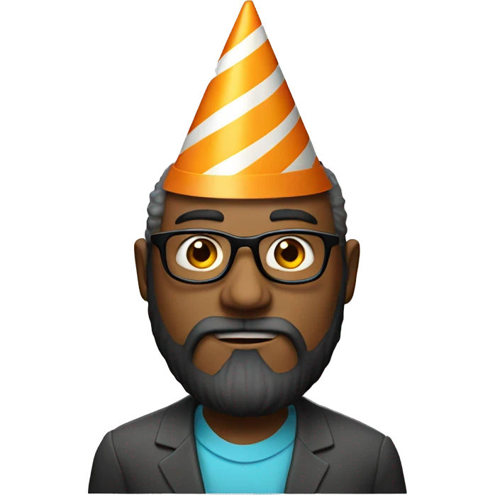 Man with beard with birthday cone on head and serious eyeglasses emoji