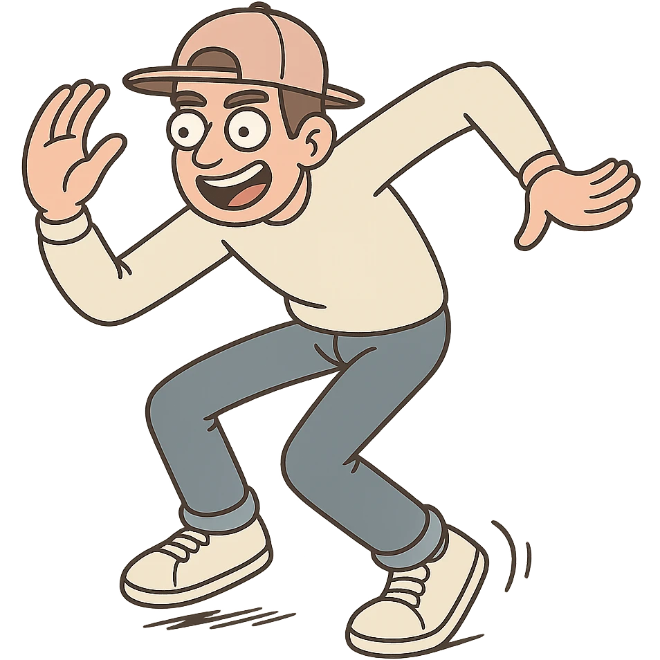 Change the pose so both arms are in the same position, maintaining the cartoon style and dynamic movement, with no background. emoji