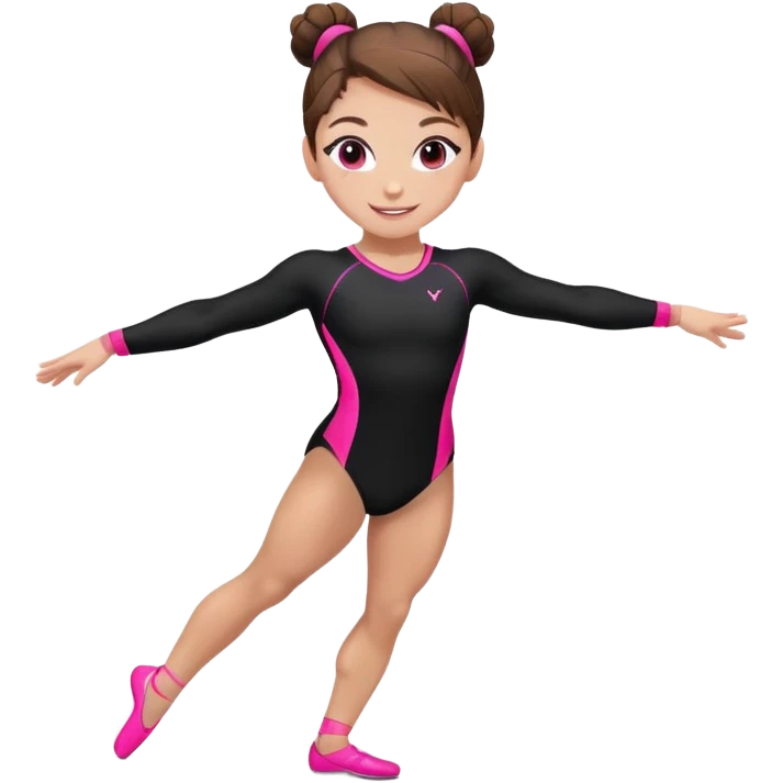 Happy female gymnast with brown hair in a neat bun, wearing a black uniform with neon pink elements. emoji