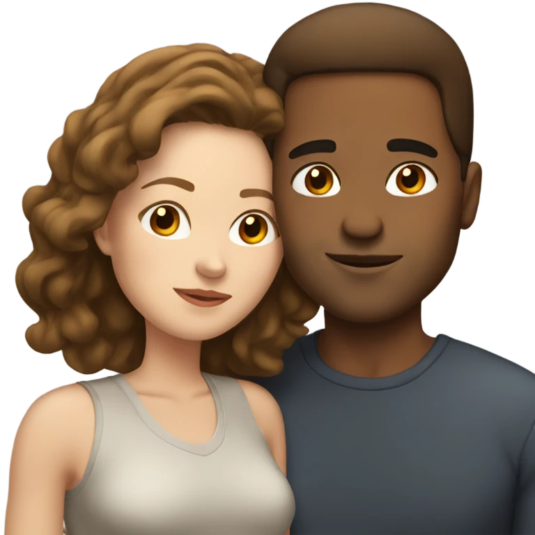 Mixed race man, white woman with shoulder length brown hair kissing  emoji