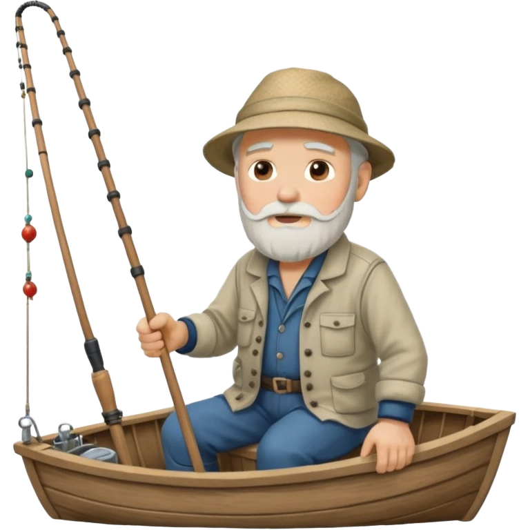 an old white haired, bearded man in fisherman attire, sat in a big boat on the ocean, holding one fishing rod in one hand, with the end of the fishing line touching the water emoji