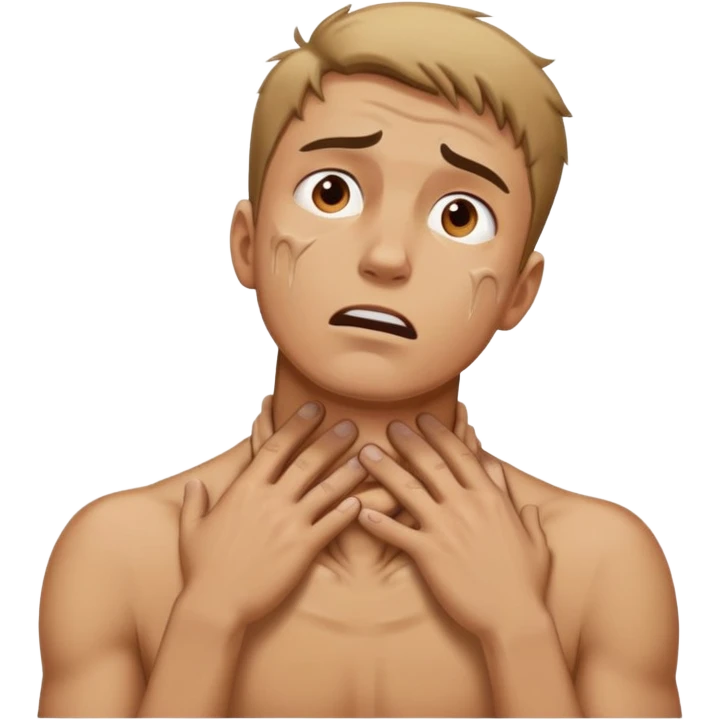 Guy looking in distress, hands on neck, looking up in pain emoji
