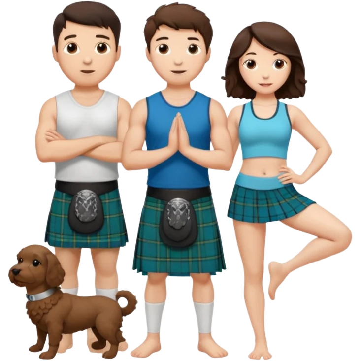 emoji of brunette man wearing kilt, brunette woman in yoga outfit and white cockapoo dog emoji
