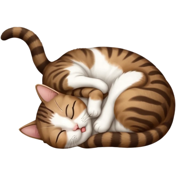 dark brown tabby and white small cat in funny positions upside down with eyes closed emoji
