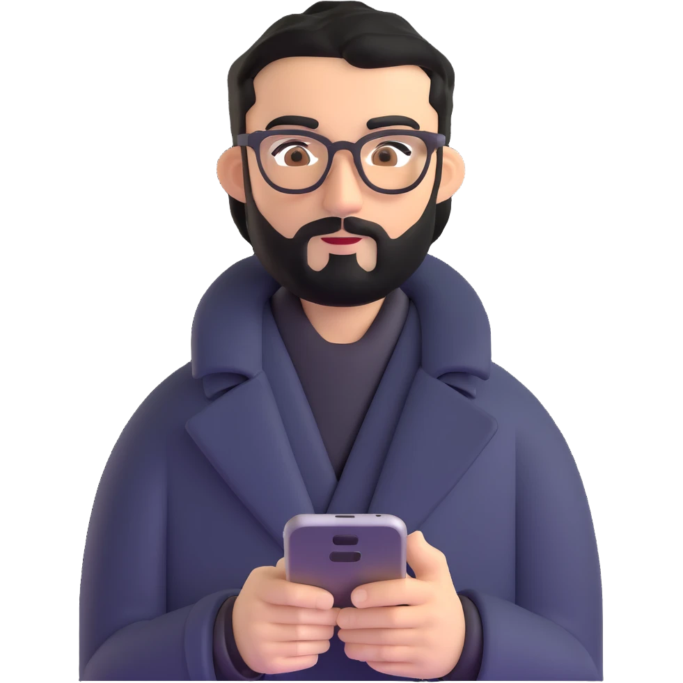 professional man standing upright, wearing black coat, with medium black beard, neat black hair, connected unibrow, olive tan skin, brown eyes, glasses, prominent nose, holding a smartphone emoji