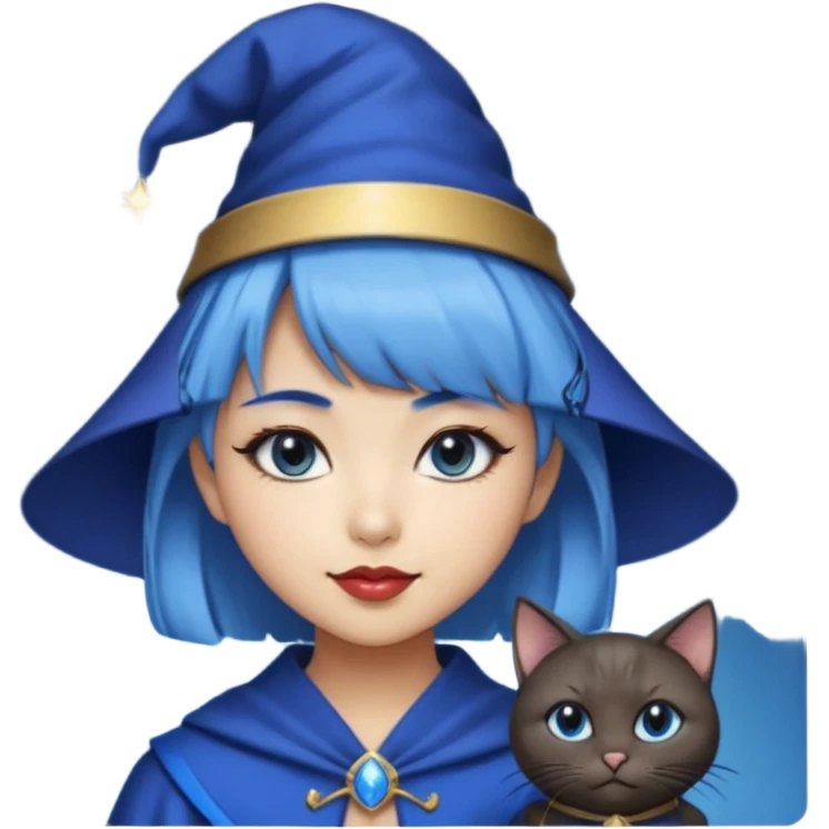 an asian short haired girl with electric blue highlighted short hair with bangs, with her silver left eye and dark brown right eye, with black cat eyed style eyeliner, and smirk of natural toned lipstick, with wizard hat with moon emblem on his hat. emoji