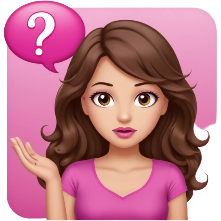 girl with long wavy brown hair, brown eyes, long lashes makeup, sexy pink lips, light to medium complexion, wearing a pink sexy top, shugging, question mark one speech bubble emoji