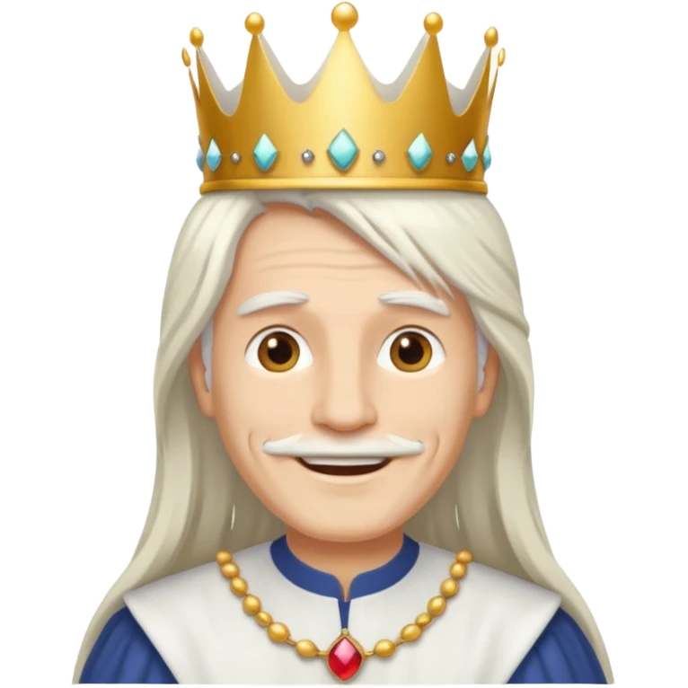 a smiling man with long white hair and has no beard wearing a white smart shirt and a crown emoji