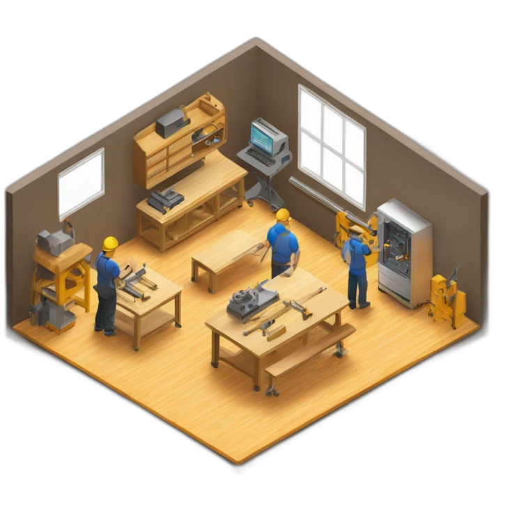 isometric square solid outline border containing indoor creative factory woodworking metalworking people active working cnc machine tools simple clean industrial makerspace #edc31b  emoji
