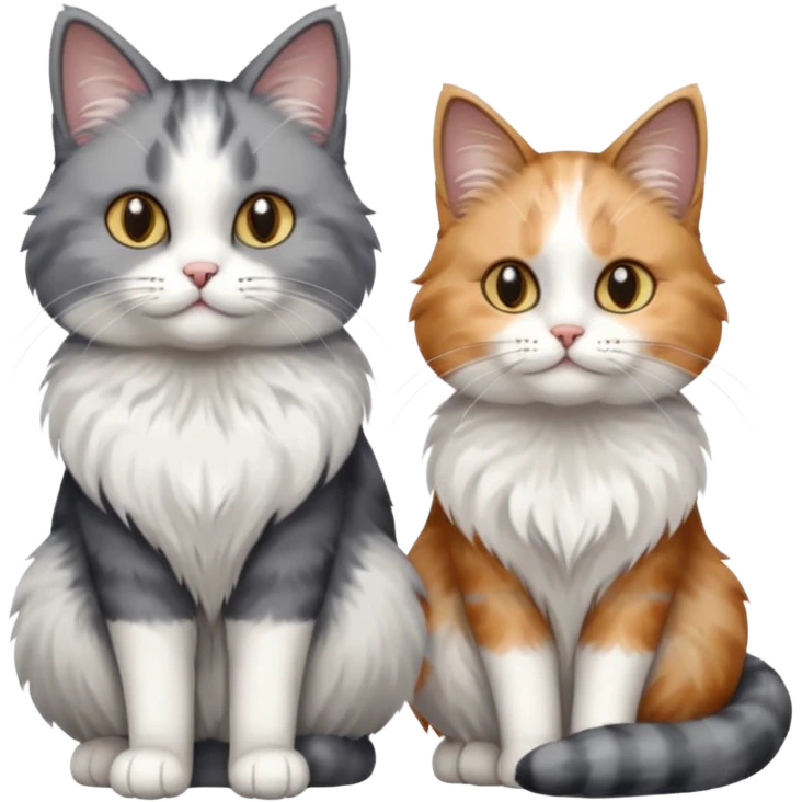 a very fluffy grey and white cat sitting next to another cat emoji