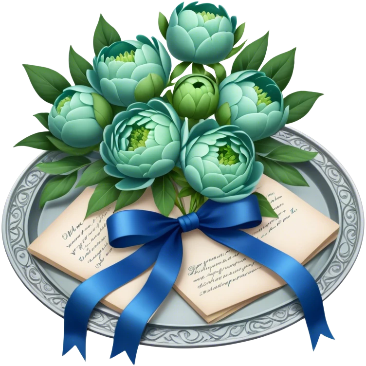 A beautifully ornate silver tray holding a bouquet of soft green peonies and a love letter tied with a deep blue ribbon. emoji