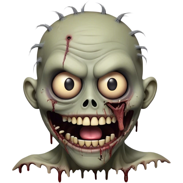 Cinematic Comical Zombie Portrait Emoji, with a grotesquely exaggerated yet playful decaying face in muted ashen tones, head cocked in a dramatically shocked expression with wildly comical, googly eyes and a gaping, silly grin revealing quirky stitches, simplified yet hilariously expressive, highly detailed with a soft eerie glowing outline capturing the absurd humor of a zombie in comic disbelief! emoji