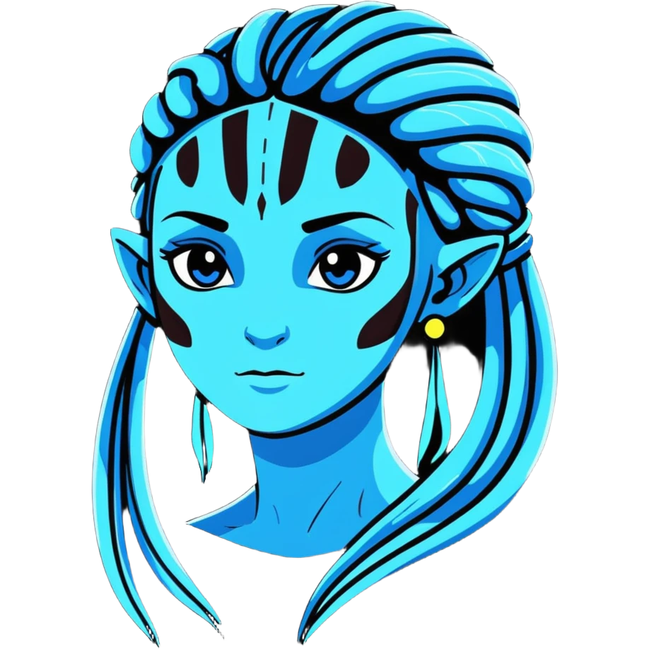 Na'vi character from Avatar movie, blue skin, bioluminescent facial patterns, long braided hair, cartoon sticker style emoji