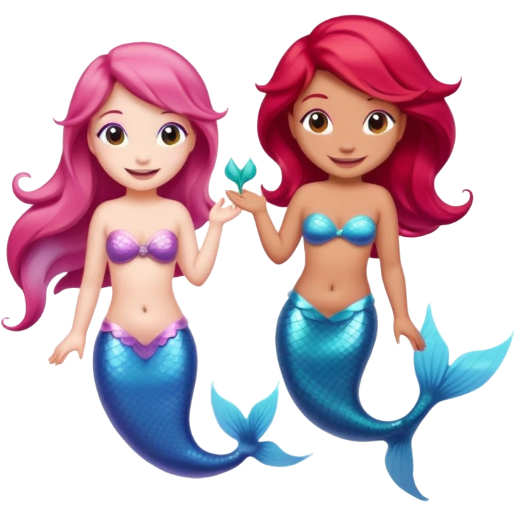Cute iOS-style emoji of a pastel pink dolphin and a red-haired mermaid, smiling at each other. 
Simple vector emoji design, bold outlines, soft gradients, glossy look, centered, white background. emoji