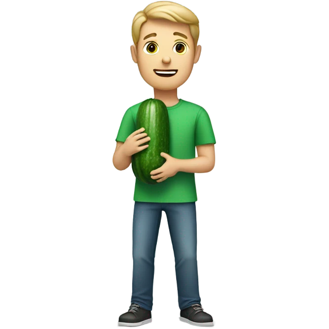 White man in green shirt holding cucumber emoji