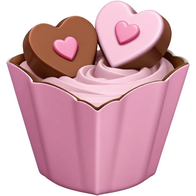 Two square milk chocolate , Each praline is a sharp-edged cube with smooth glossy chocolate coating, placed in a small white fluted paper candy cup. On top of each cube is a flat pastel pink heart-shaped icing emoji