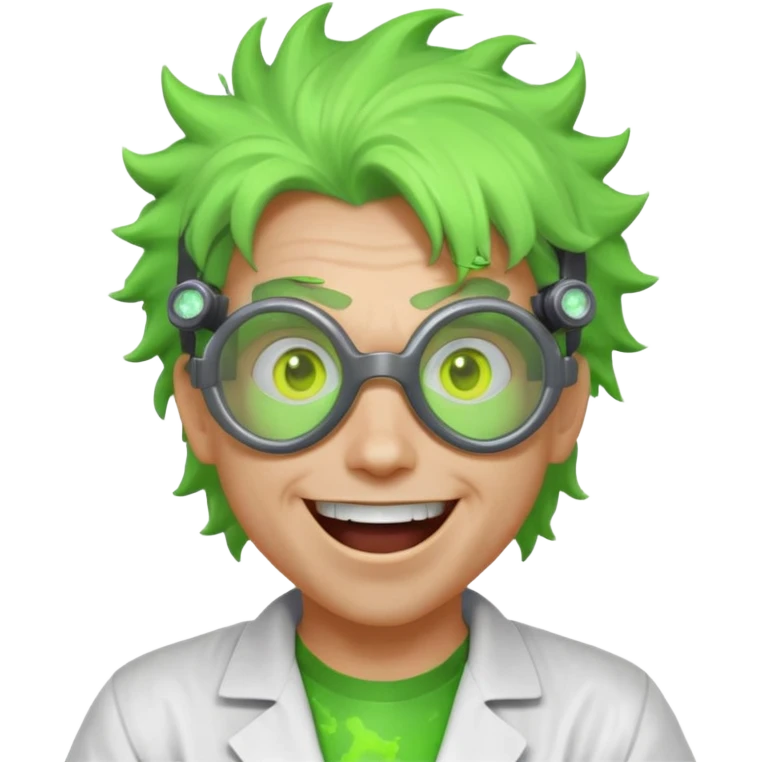 mad nuclear scientist portrait, head and shoulders only, messy hair, cracked goggles, glowing radioactive green light, excited crazy smile, 3D cartoon, mobile game icon style, clean background, no text, no watermark
 emoji