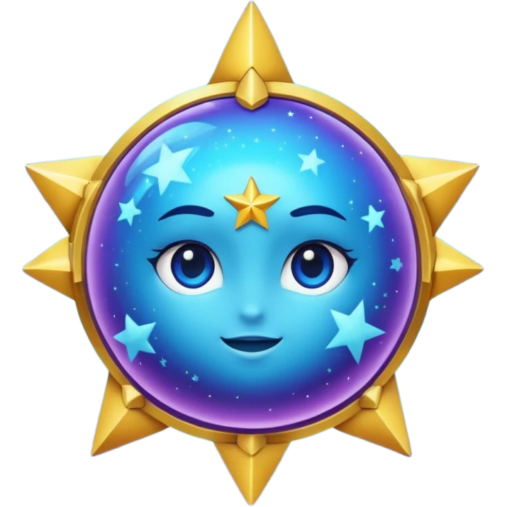 Uma esfera translúcida com reflexos roxos e azuis envolve uma estrela dourada brilhante no centro, criando um visual etéreo e futurista emoji