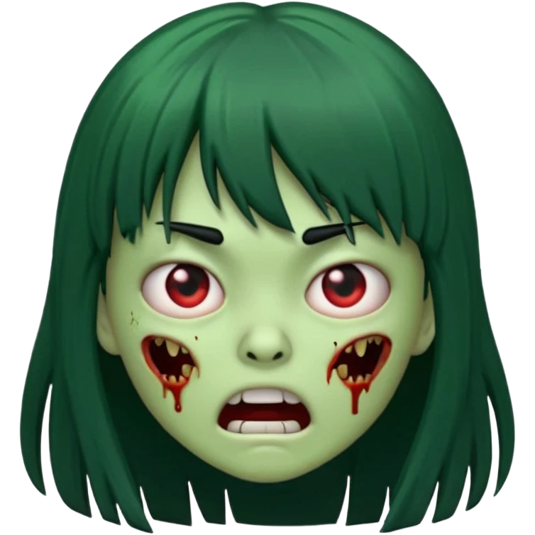 scary zombie emoji, green skin, long black hair with bangs, terrified expression emoji