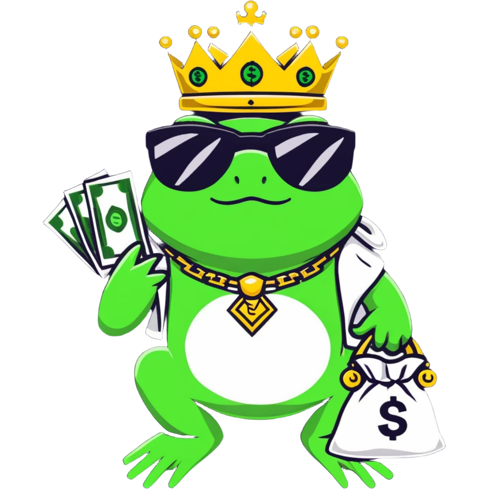 gangster frog king with gold crown, cool sunglasses, gold chain, money bag emoji