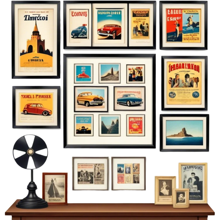 Icon for Photograph and Poster Collecting: a collection of vintage photographs and movie posters, neatly displayed on a wall or in frames. The icon should evoke the nostalgia and artistic value of collecting rare images and posters. Transparent background. emoji