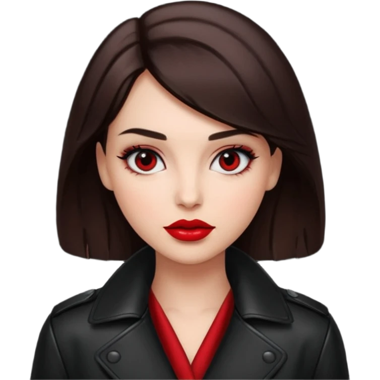 brunet in cuir coat with red lips and black eyes emoji