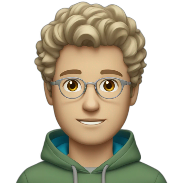 young white guy with wavy hair and a fade in light brown color and round silver color glasses with a grey hoodie on and blue green eyes emoji