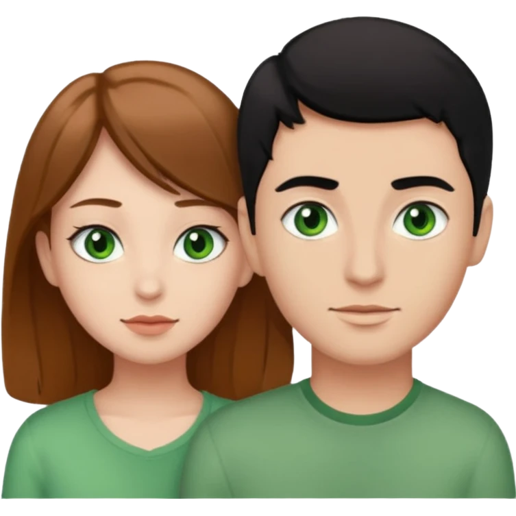 A boyfriend with light brown hair and green eyes next to his girlfriend with black eyes and black hair emoji