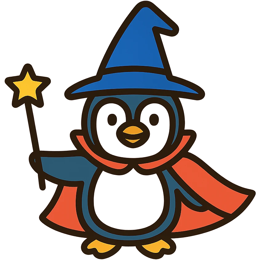A penguin dressed as a wizard, holding a magic wand, with a pointy hat and a cape emoji