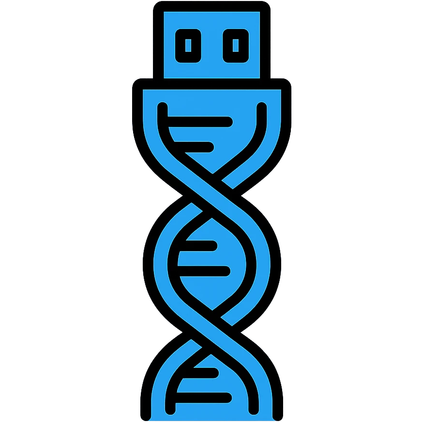 Make the DNA/USB logo icon blue, keep cybernetic and tech-inspired look in color outline style. emoji