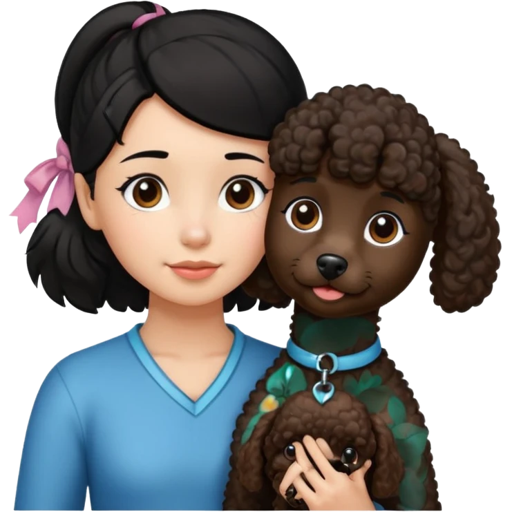 Ponytail black hair girl with brown Poodle say goodbye  emoji