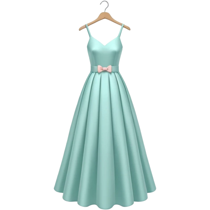 A 3D cartoon long elegant dress neatly displayed on a hanger, soft lighting, smooth fabric texture, Memoji-style rendering. emoji