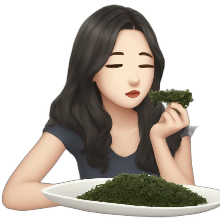 Girl watching television about kpop while eating toasted seaweed emoji