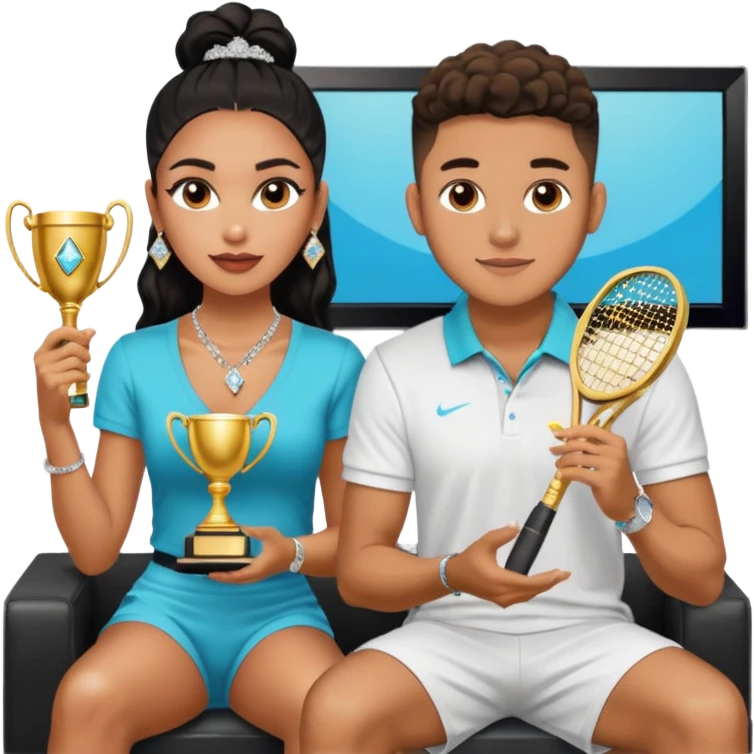 Internet celebrity Josh King Madrid jetset wearing shiny diamond earrings and sparkly iced out diamond tennis necklace chains with Instagram model girl tefi valenzuela sitting with him holding gold internet celebrity trophy on tv show in Miami emoji