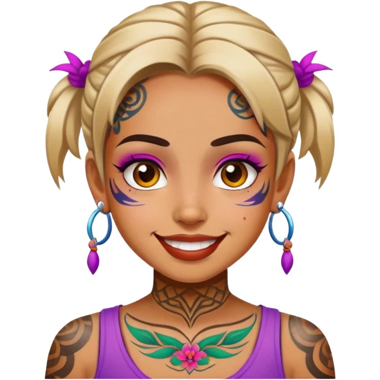girl with bold face tattoos, happy face, wearing a colorful shirt emoji