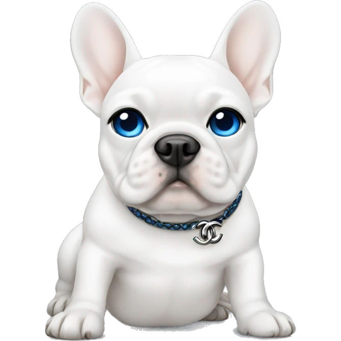 White frenchie with blue eyes wearing Chanel emoji