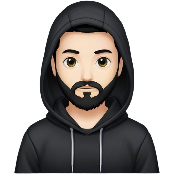hackeur blanc cheveux noir barbe et capuche noir à côté d'un server ia emoji