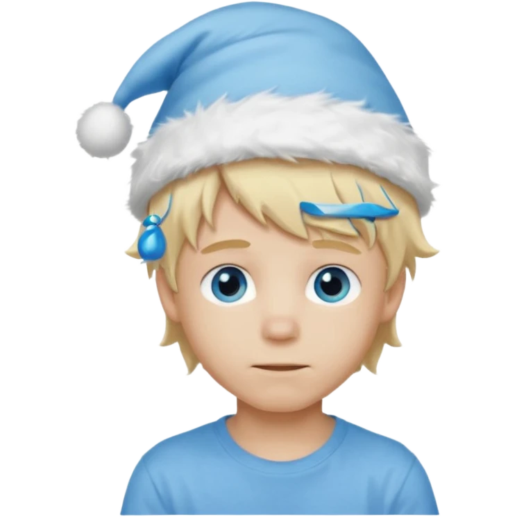 create boy blonde hair long messy, light eyes, white t shirt, rich, long hair, eyes blue, acessory head cristimas blue hat, fluffy hair emoji